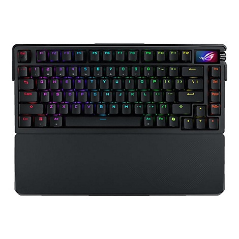 Schwarze Gaming-Tastatur mit RGB-Beleuchtung und integrierter Handballenauflage vor weißem Hintergrund.