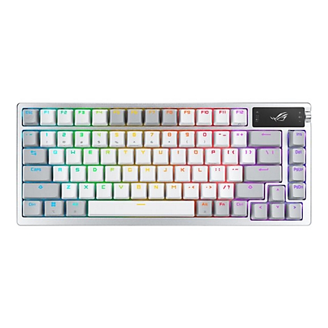 Draufsicht einer silberfarbenen mechanischen Tastatur mit weiÃŸen und grauen Tasten und RGB-Beleuchtung. Oben rechts befindet sich das ROG-Logo.