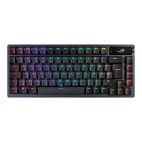 Schwarze mechanische Tastatur mit mehrfarbiger Beleuchtung, ROG-Logo und deutschen Buchstaben.