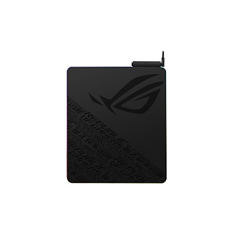 Schwarzes Gaming-Mauspad mit ROG-Logo und Schriftzug. Kleiner Antennenanschluss oben.