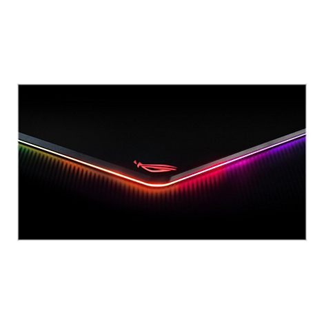 Nahaufnahme eines Laptops mit RGB-Beleuchtung an der Kante und dem ROG-Logo.