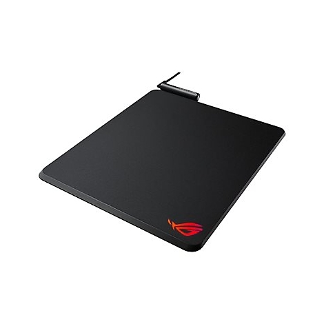 Schwarzes Gaming-Mauspad mit rotem ROG-Logo. Am oberen Rand ein USB-Kabel.