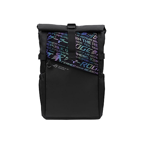 Schwarzer Rucksack mit Rollverschluss und irisierendem Gamer-Logo-Aufdruck auf der Frontseite.