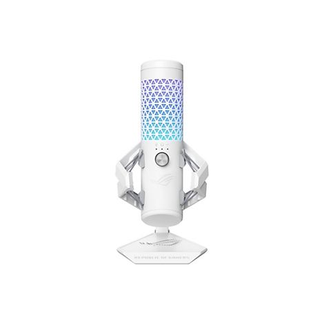 Weißes Mikrofon mit blau-violetten Lichtern. Unterhalb der Mikrofonkapsel befinden sich Bedienelemente und das Logo „Republic of Gamers“ auf dem Standfuß.