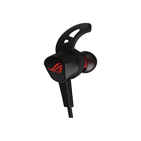 Schwarze In-Ear-Kopfhörer mit rotem Logo auf weißem Hintergrund.