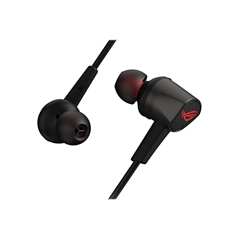 Schwarze In-Ear-Kopfhörer mit roter Innenseite und rotem ROG-Logo. Auf einem Stiel ist ein großes rotes "R" zu sehen.