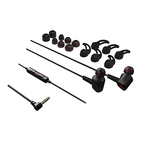 Nahaufnahme von In-Ear-Kopfhörern mit verschiedenen Ohrstöpseln und Ohreinsätzen. Schwarze Kabel und Stecker, auf weißem Grund.