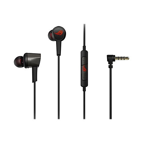 Schwarze In-Ear-Kopfhörer mit rotem Akzent, ROG-Logo und Bedienelementen.