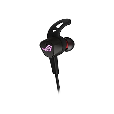 Schwarzer In-Ear-Kopfhörer mit pinkfarbenem Logo. Ein roter Akzent am Ohrhörer.