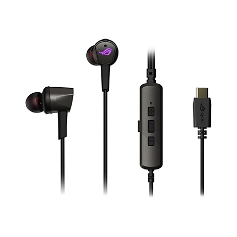 Schwarze In-Ear-Kopfhörer mit USB-C-Anschluss, eingebautem Mikrofon und ROG-Logo.