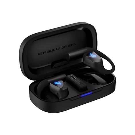 Offenes Ladecase mit schwarzen Gaming-Ohrhörern mit leuchtend blauem ROG-Logo vor weißem Hintergrund.