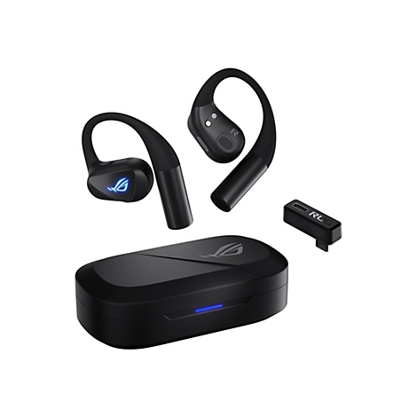 Schwarze Gaming-In-Ear-Kopfhörer mit Ohrbügeln, Ladecase und kleinem USB-C-Adapter vor weißem Hintergrund.