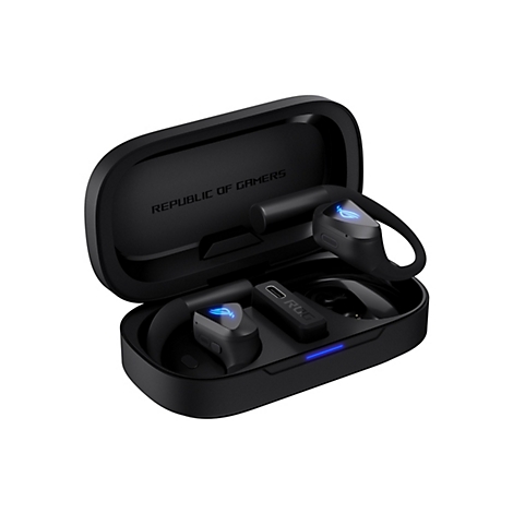 Schwarzes ROG Wireless Gaming-Headset im offenen Ladecase mit blau leuchtendem Logo.