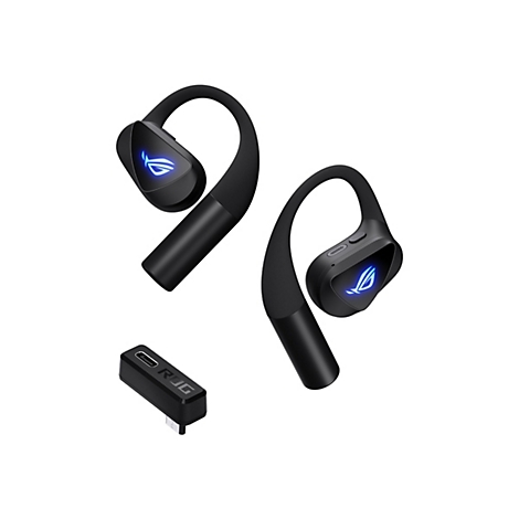 Zwei schwarze Gaming-Ohrhörer mit leuchtendem blauem ROG-Logo und ein USB-C-Adapter vor weißem Hintergrund.