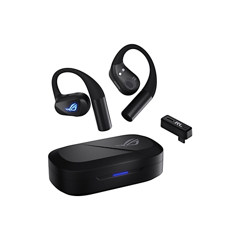 Schwarze ROG Gaming-Ohrhörer mit Ladecase und USB-C-Dongle vor weißem Hintergrund.