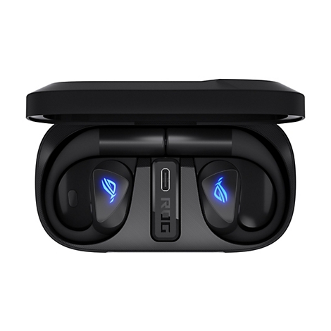 Schwarzes ROG In-Ear Ladecase mit zwei In-Ear-Kopfhörern, die blau leuchtende ROG-Logos zeigen.