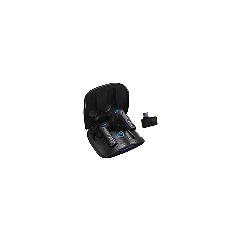 Schwarze ROG-Kopfhörer in Ladecase und USB-Dongle.
