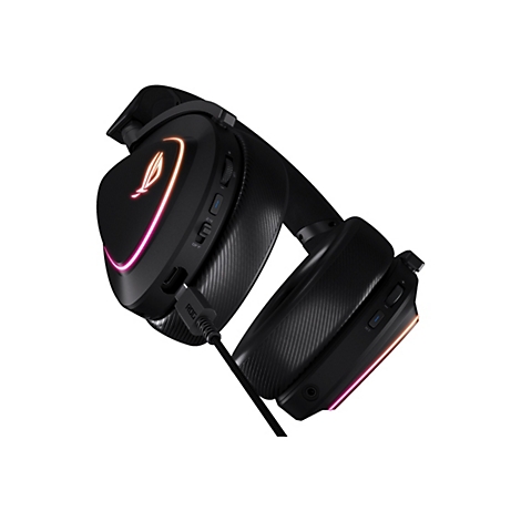 Casque de jeu noir avec éclairage coloré, un câble et le logo ROG, posé en diagonale sur un fond blanc.