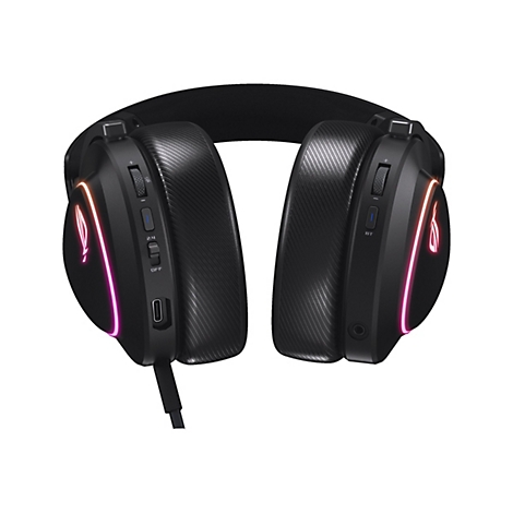 Casque de jeu noir ; éclairage RVB ; boutons et connecteurs.