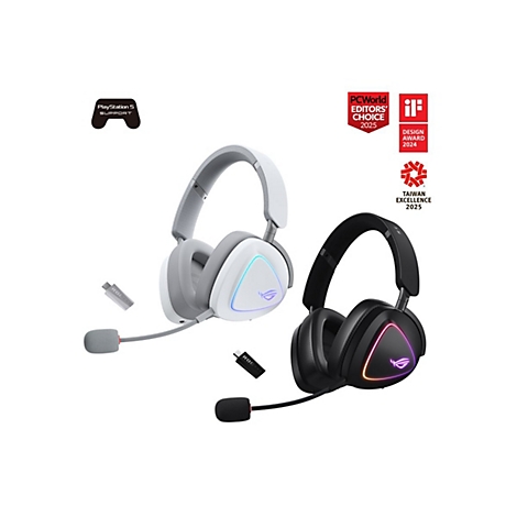 Zwei ROG Gaming-Headsets in Weiß und Schwarz mit RGB-Beleuchtung, Mikrofon und USB-Empfänger auf weißem Grund.