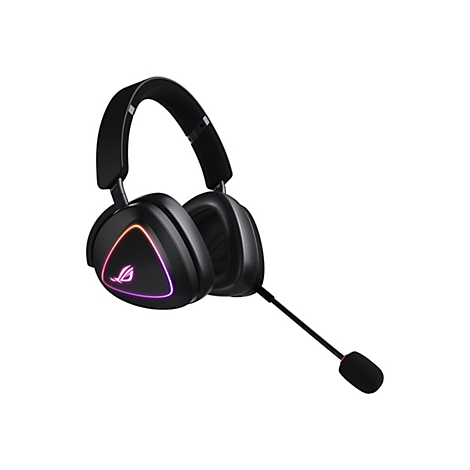 Schwarzes Gaming-Headset mit farbiger Beleuchtung, Mikrofon und weißem Hintergrund.