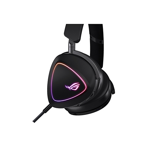 Schwarzes Gaming-Headset ROG Strix mit farbigen LED-Leuchten, diagonaler Perspektive.