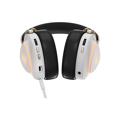 Weiße Gaming-Kopfhörer mit schwarzen Ohrpolstern, goldenen Akzenten und leuchtenden LED-Ringen vor weißem Hintergrund.