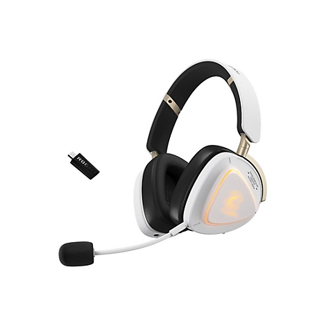 Weißes Gaming-Headset mit beleuchtetem Logo und USB-C-Adapter vor weißem Hintergrund.