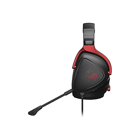 Schwarzes Gaming-Headset mit roter Akzentuierung und Mikrofon, Kabelanschluss.