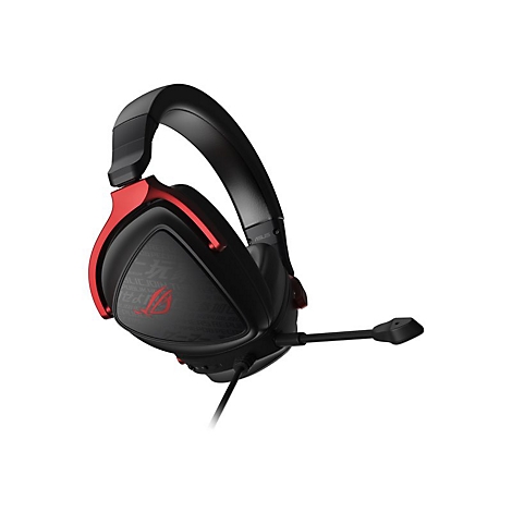 Schwarzes Gaming-Headset mit roter Akzentuierung und Mikrofon vor weißem Hintergrund. Auf der Ohrmuschel ist der ROG-Schriftzug zu sehen.