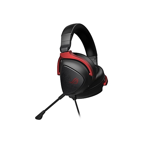 Schwarzes Gaming-Headset mit rotem Akzent und Mikrofon, ROG Logo auf der Ohrmuschel.
