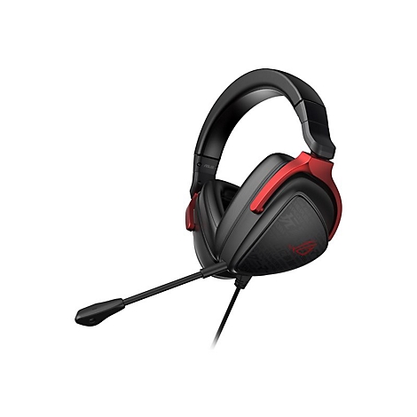 Schwarzes Gaming-Headset mit roter Akzentfarbe und Mikrofon. Auf den Ohrmuscheln ist das ROG-Logo zu sehen.