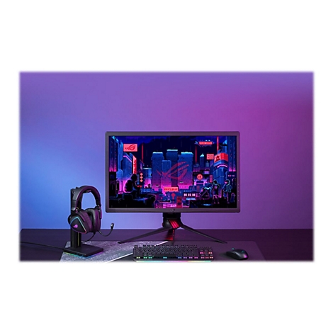 Gaming-Monitor mit KopfhÃ¶rer und Tastatur; Hintergrundbild einer Stadt bei Nacht.