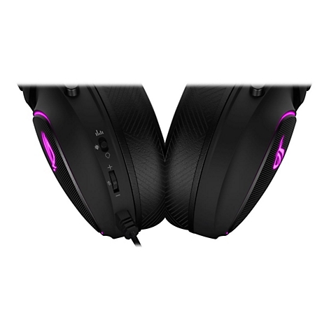 Schwarzer Gaming-KopfhÃ¶rer mit rosa leuchtendem Logo und LautstÃ¤rkeregler.