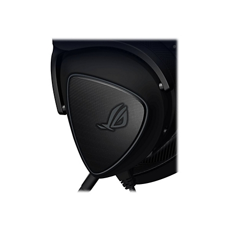 Nahaufnahme eines schwarzen Gaming-Headsets mit ROG-Logo. GehÃ¶rschale mit gerillter OberflÃ¤che und Logo.