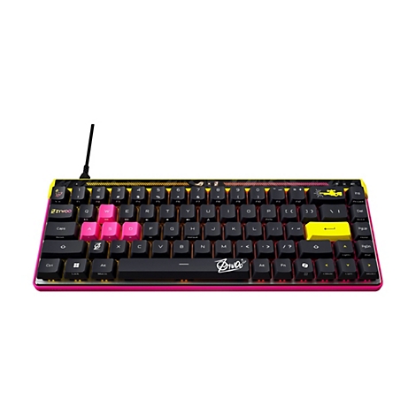 Kompakte Gaming-Tastatur mit schwarzem Gehäuse, pinken Akzenten und individuellen Gaming-Tasten.