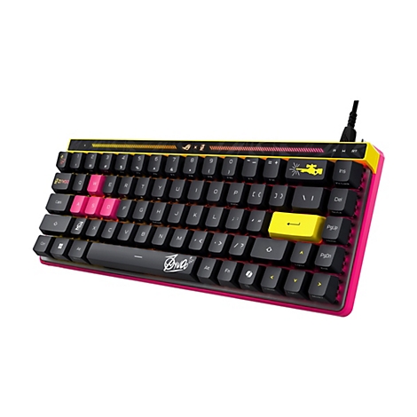 Kompakte Gaming-Tastatur mit schwarz-gelb-rosa Design und ZywOo-Branding vor weißem Hintergrund.