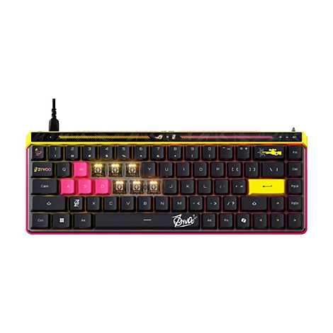 Kompakte Gaming-Tastatur in Schwarz mit gelbem Rahmen, pinken Gaming-Tasten und ZywOo-Branding.