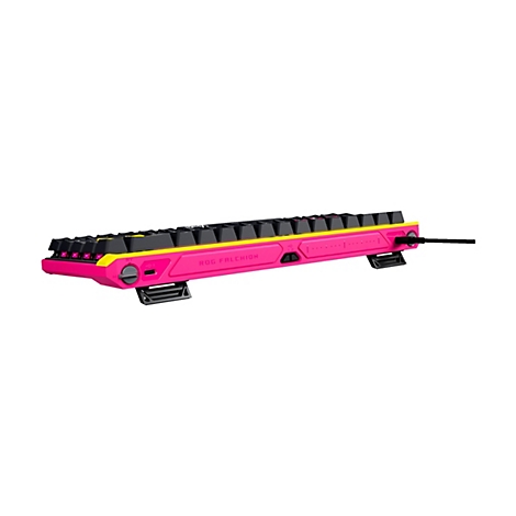 Rückseite der pinken ASUS ROG Falchion Tastatur mit schwarzer Tastenreihe und Anschlüssen.