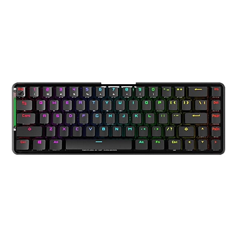 Schwarze, kompakte Gaming-Tastatur von ASUS ROG mit RGB-Beleuchtung auf weißem Hintergrund.