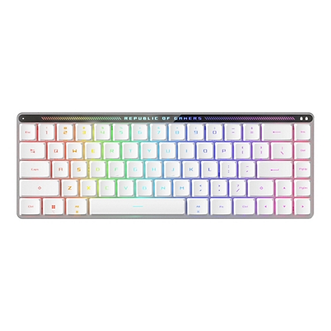 Kompakte, weiße Gaming-Tastatur mit RGB-Beleuchtung auf weißen Tasten. Oben mittig ist das ROG-Logo zu sehen.