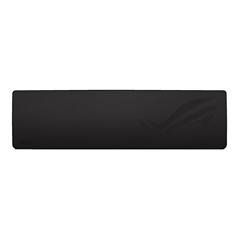 Schwarzes rechteckiges Gaming-Mauspad mit eingeprägtem ROG-Logo und Schriftzug auf neutralem Hintergrund.