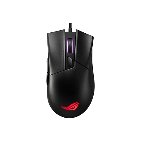 Schwarze Gaming-Maus mit roten Akzenten und Logo. Oberhalb ein beleuchteter Bereich in Violett.