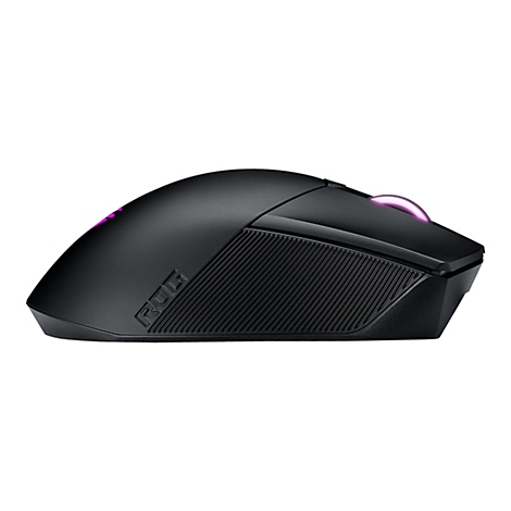 Schwarze Gaming-Maus mit RGB-Beleuchtung und ROG-Logo. Auf weißem Hintergrund.