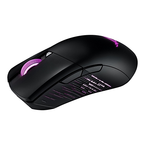 Schwarze Gaming-Maus mit lila beleuchtetem Scrollrad und Logo. Detailaufnahme des Produkts, das vor weißem Hintergrund platziert ist.