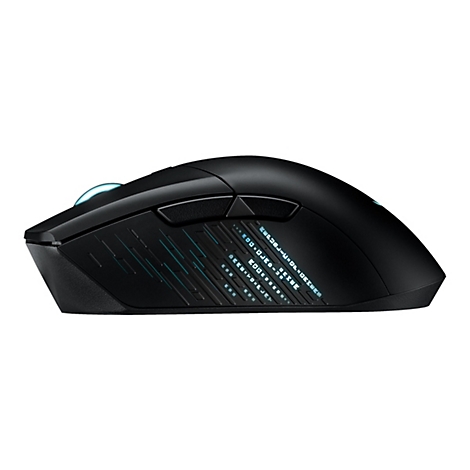 Schwarze Gaming-Maus mit blauer Beleuchtung, seitlich ROG-Schriftzug.