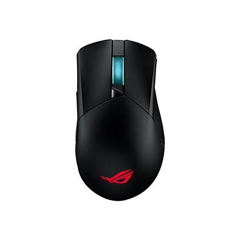Schwarze Gaming-Maus mit rotem ROG-Logo unten und blau beleuchteter Leiste.