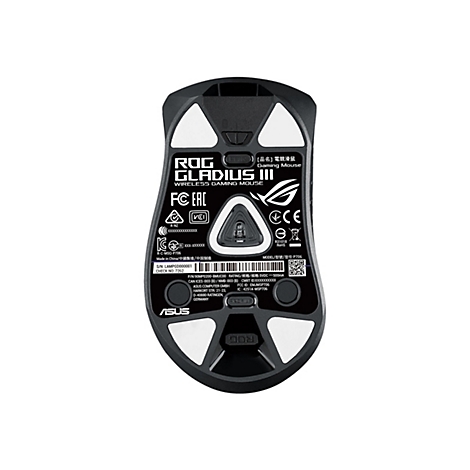 Der Blick auf die Unterseite einer schwarzen Gaming-Maus. Der Text ROG Gladius III ist zu sehen.