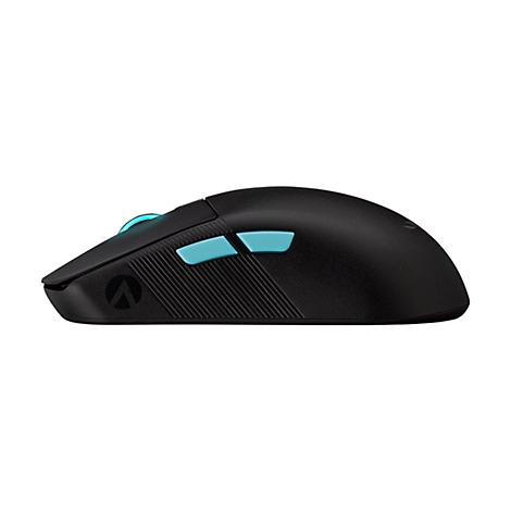 Souris d'ordinateur noire avec des boutons et des accents turquoise, vue de profil.