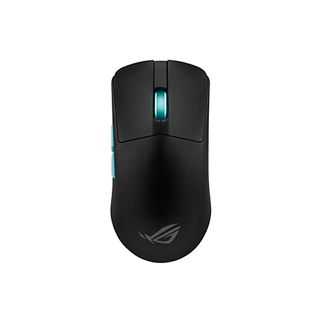 Souris de jeu noire avec des accents bleus et une molette de défilement lumineuse. Logo ROG.